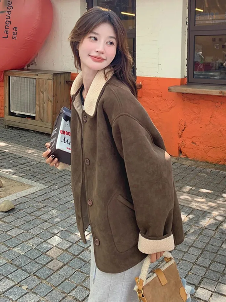 Damski płaszcz z owczej skóry i futra, dwustronny, zimowy, w stylu vintage, z ciepłym kołnierzem, skórzano-futrzany, zapinany na guziki, długi...