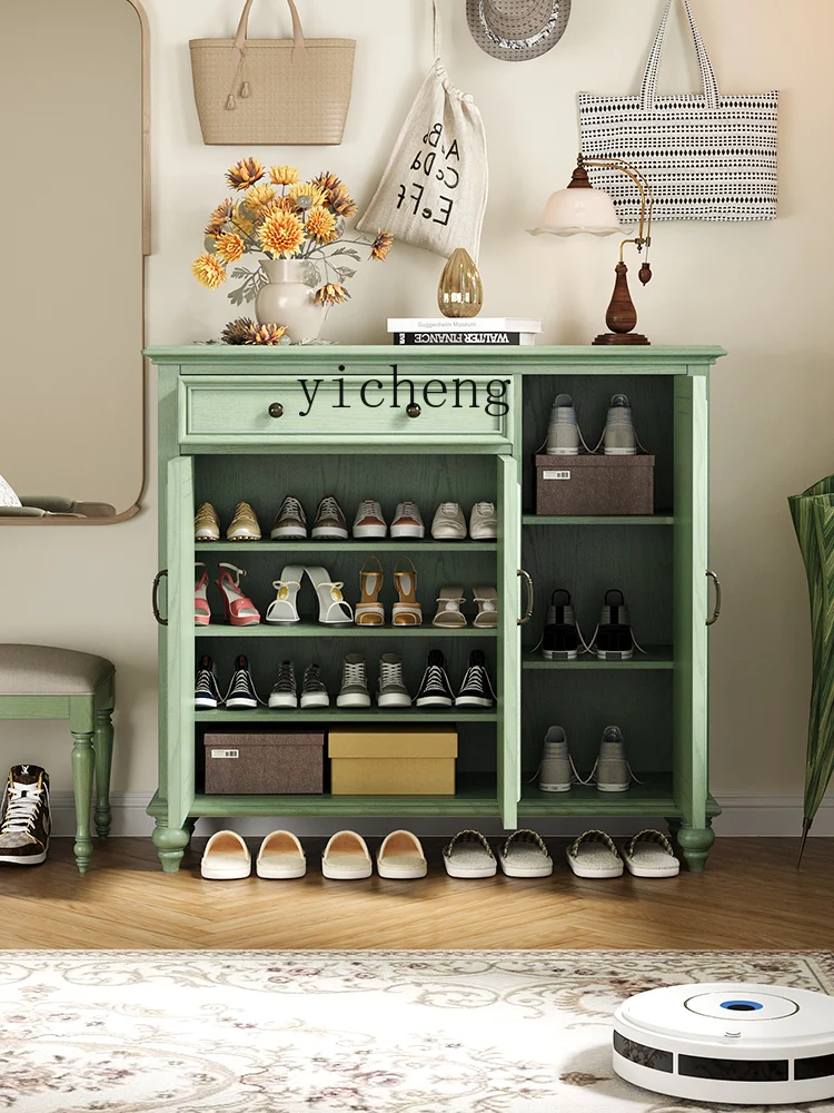 b9 Retro Solid Wood Shoe Cabinet Entrance Storage Cabinet Ash Multi-Layer Entrance Cabinet