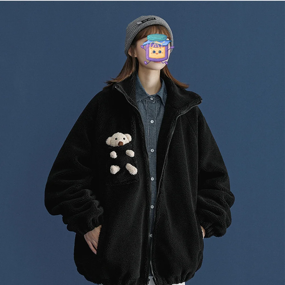 Lamb Fur Bear Coat Female Autumn and Winter Unique Fashion Design Plus Velvet Thick Ins Lazy Style BF Wind Oversize Zip Up Top