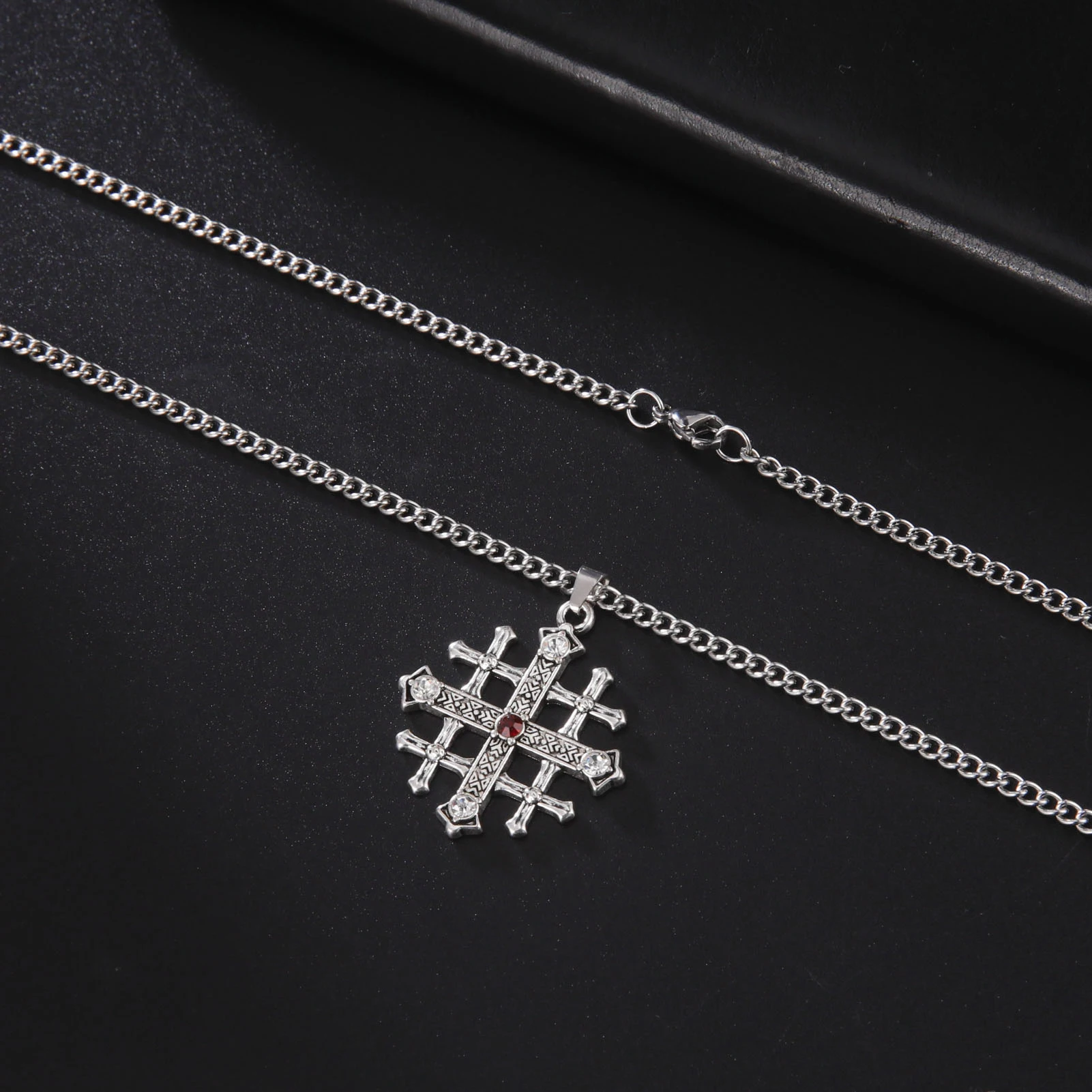 Fishhook Crystal Jerusalem Cross Necklace Amulet Supernatural Chain Talisman Christian Gift For Man Woman Pendant Charm Jewelry