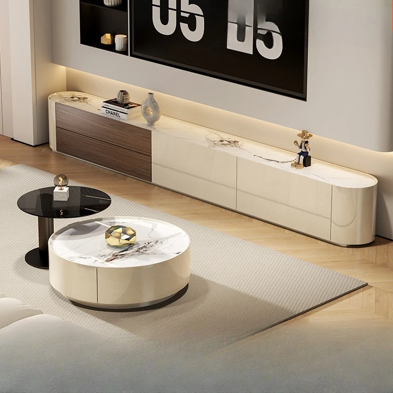 

Cream wind TV cabinet coffee table combination modern simple living room storage locker integration