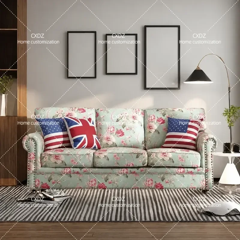 Rural Floral Cotton Linen Fabric Sofa Pastoral Mediterranean Style Apartment Size Living Room Combination Sofa