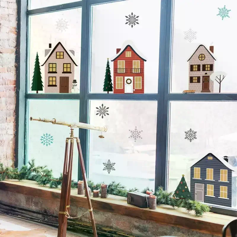 Christmas Houses Window Stickers Removable Self-adhesive Double Sided Snowflakes Xmas Tree Wall Glass Decals For Home Decoration