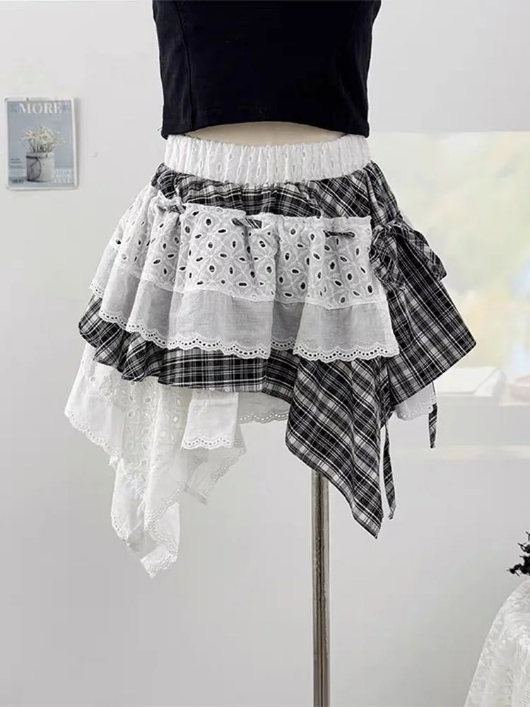 Y2K Spicy Girl Lace Patchwork Plaid  Skirt Women's Autumn Irregular Cake Short Design A-Line Fluffy Skirt High Waist