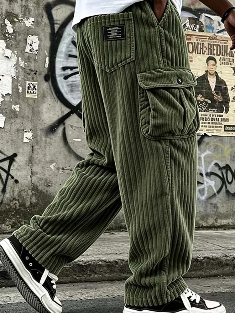 New Cargo Pants for Men Retro Style Men's Corduroy Cargo Pants with Multiple Pockets Mid-rise Solid Color Trousers for Wear Long