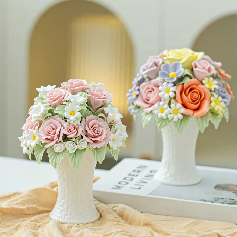 Handmade Ceramic Flowers Ornament Handheld Flower Intangible Cultural Heritage Ceramic Lily Rose Flowers Home Desk Decoration