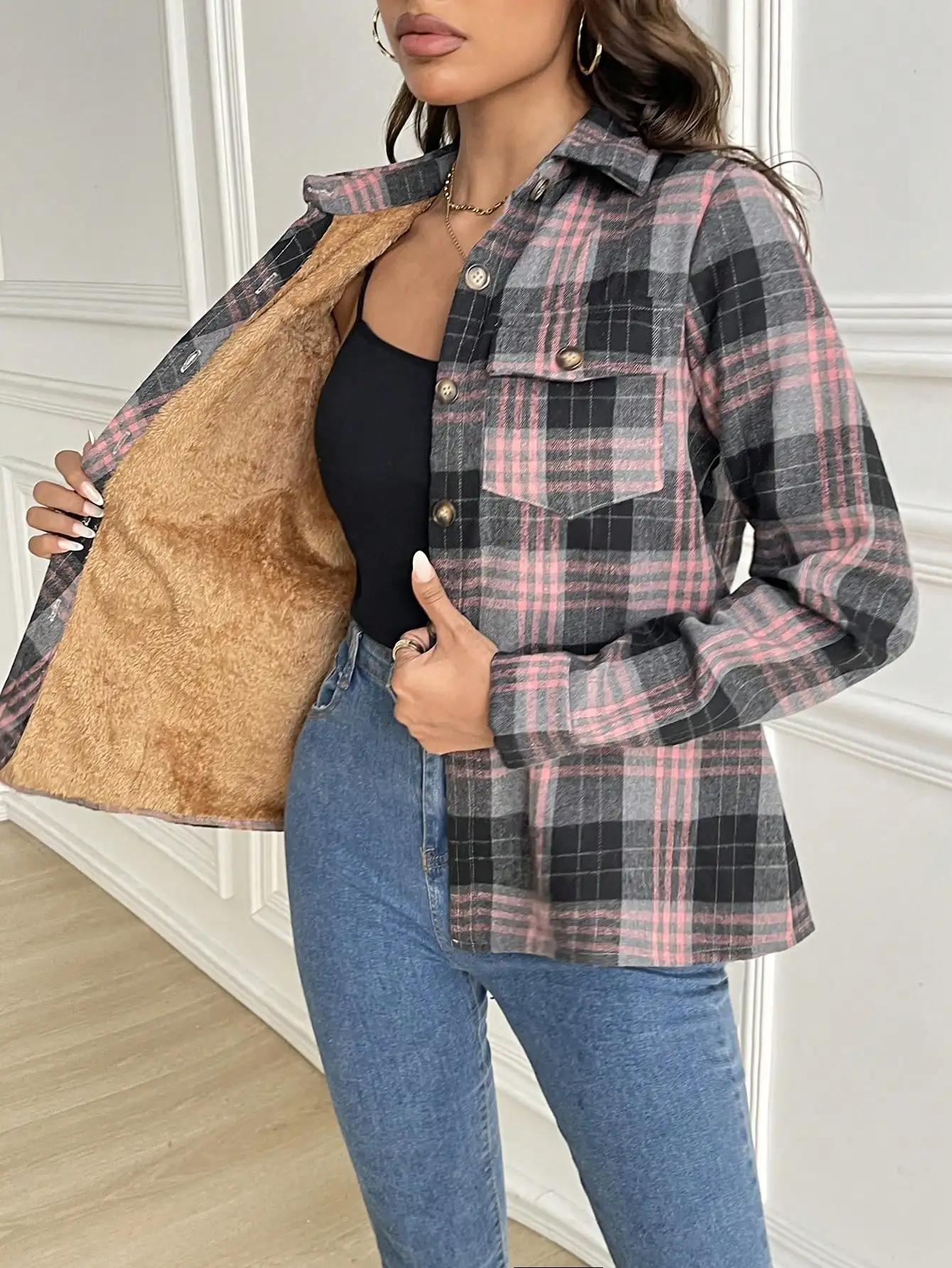 

Женская повседневная фланелевая рубашка в клетку с длинным рукавом и воротником-стойкой, осень/зима, топы с длинными рукавами