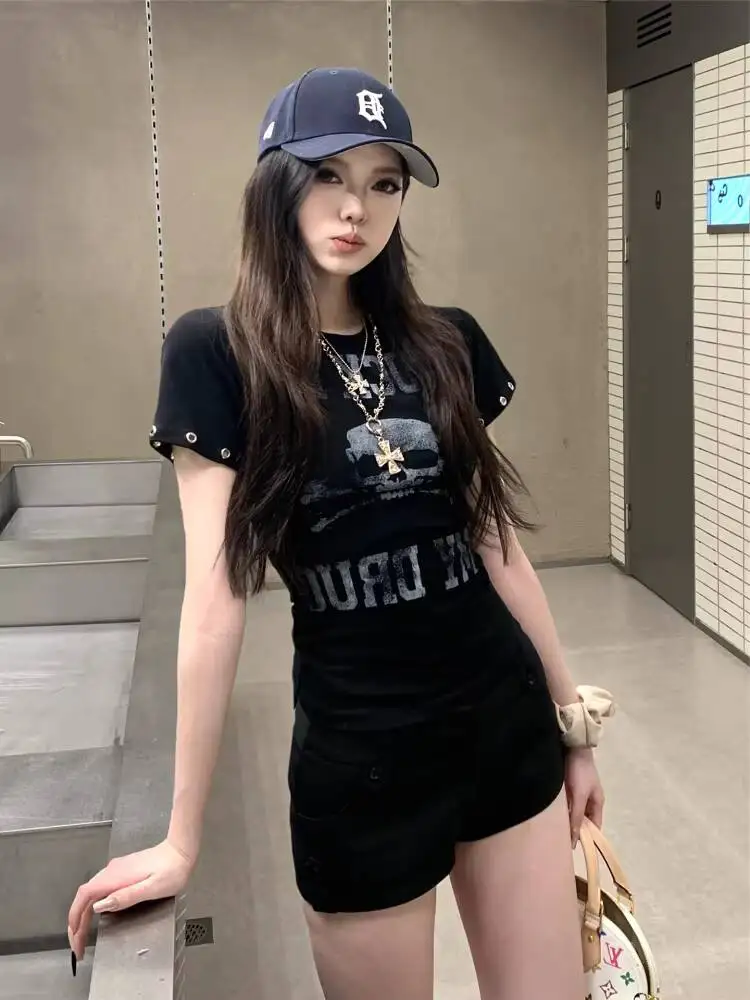 

2026 New Seeslim Goth Print Women's T shirt Short Sleeve Gothic Graphic Tee Female 2000s Y2k Summer Tops Slim Fit Tshirt