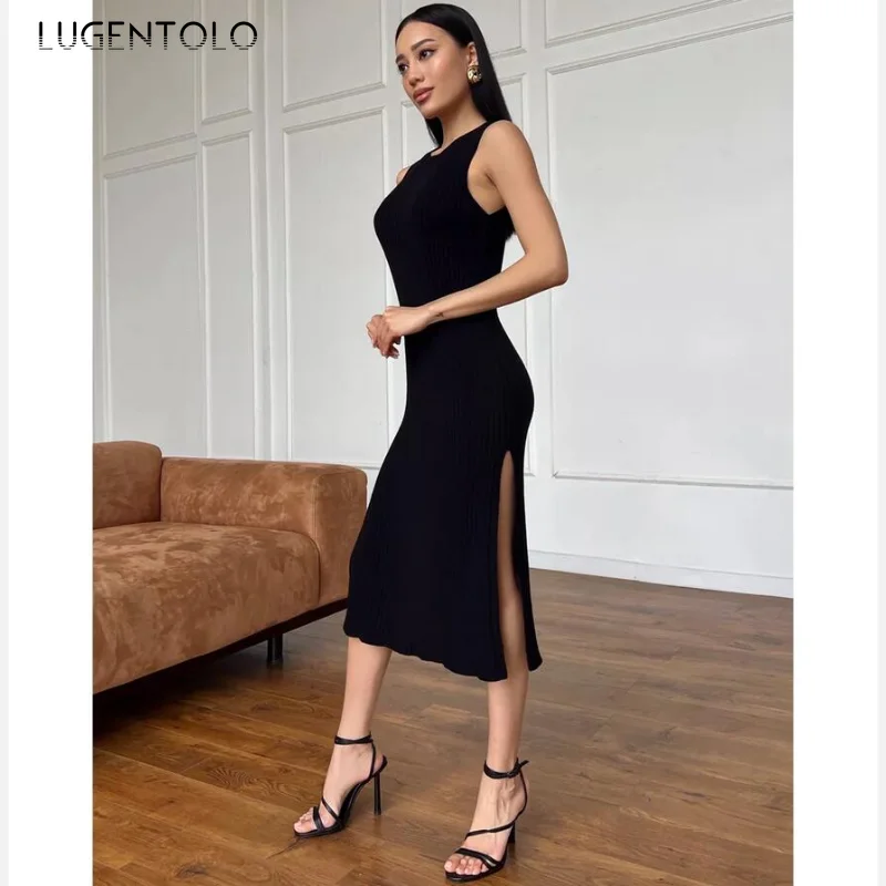 Dzianinowa sukienka damska Jesień Nowe koszule midi bez rękawów Pakiet biodra Pit Strips Slim Fits Fashion Slit Hem Elegancka odzież imprezowa