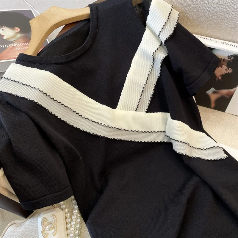 Women\'s New Summer Elegant Fashion Commuter Short Sleeve Crew Neck Contrast Color Spliced Gauze Off Shoulder Appear Thin Dress