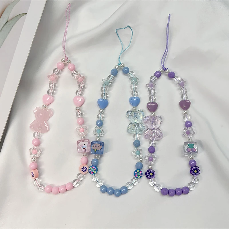 حبل هاتف محمول لطيف القوس على شكل دب ، حبل سلسلة مفاتيح ، سلسلة مطرزة ، سوار مضاد للسقوط ، كريستال أكريليك ملون ، لطيف #3