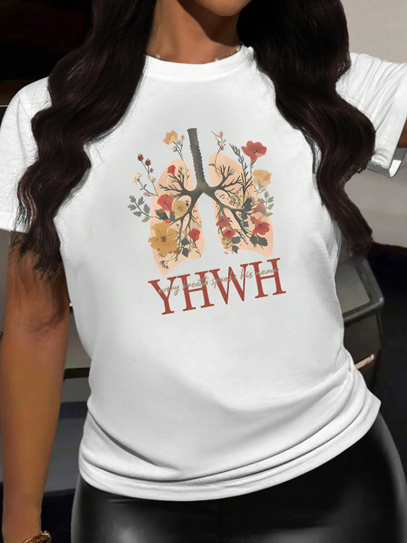 

Lung and letter Plus size women's round neck short sleeve T-shirt with elastic half sleeves and trendy prints