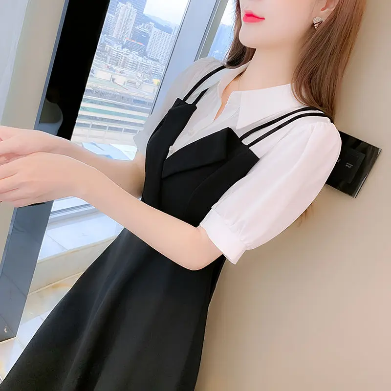 Summer Women\'s Mini Dress 2024 New Korean Fashion Patchwork Puff Sleeve Polo Collar Black A-Line Dresses Preppy Style Clothing