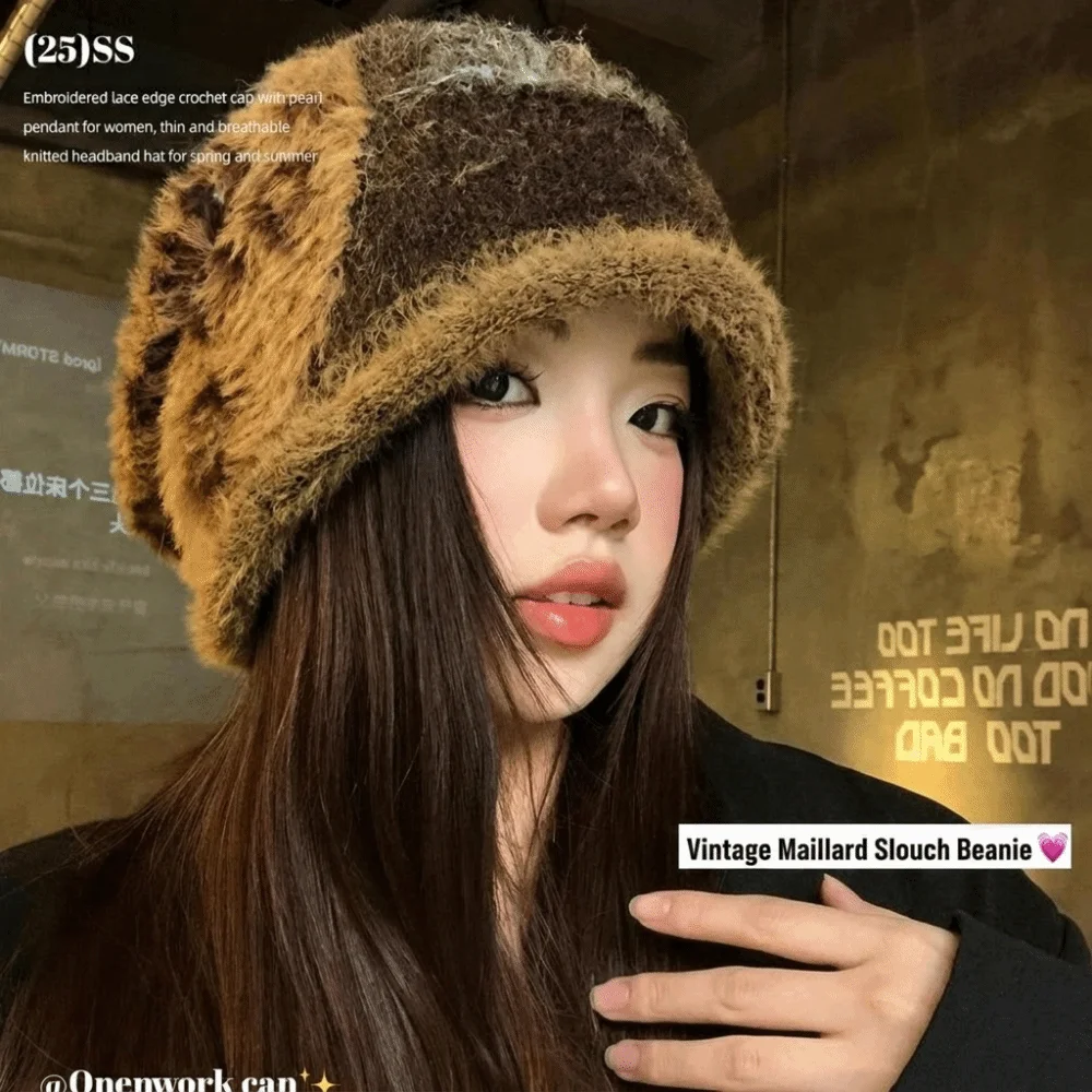 Ear Protection Muted Leopard Print Knit Hat Large Head Circumference Warm Vintage Hat Fuzzy 54-60CM Women Warm Cold Hat Girls