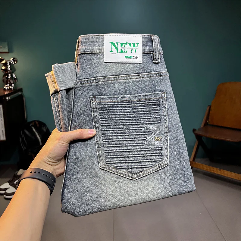 Young Men's Jeans Stretch All-Matching Loose Straight Casual Spring and Summer Street Fashion Pu Shuai Retro Trousers