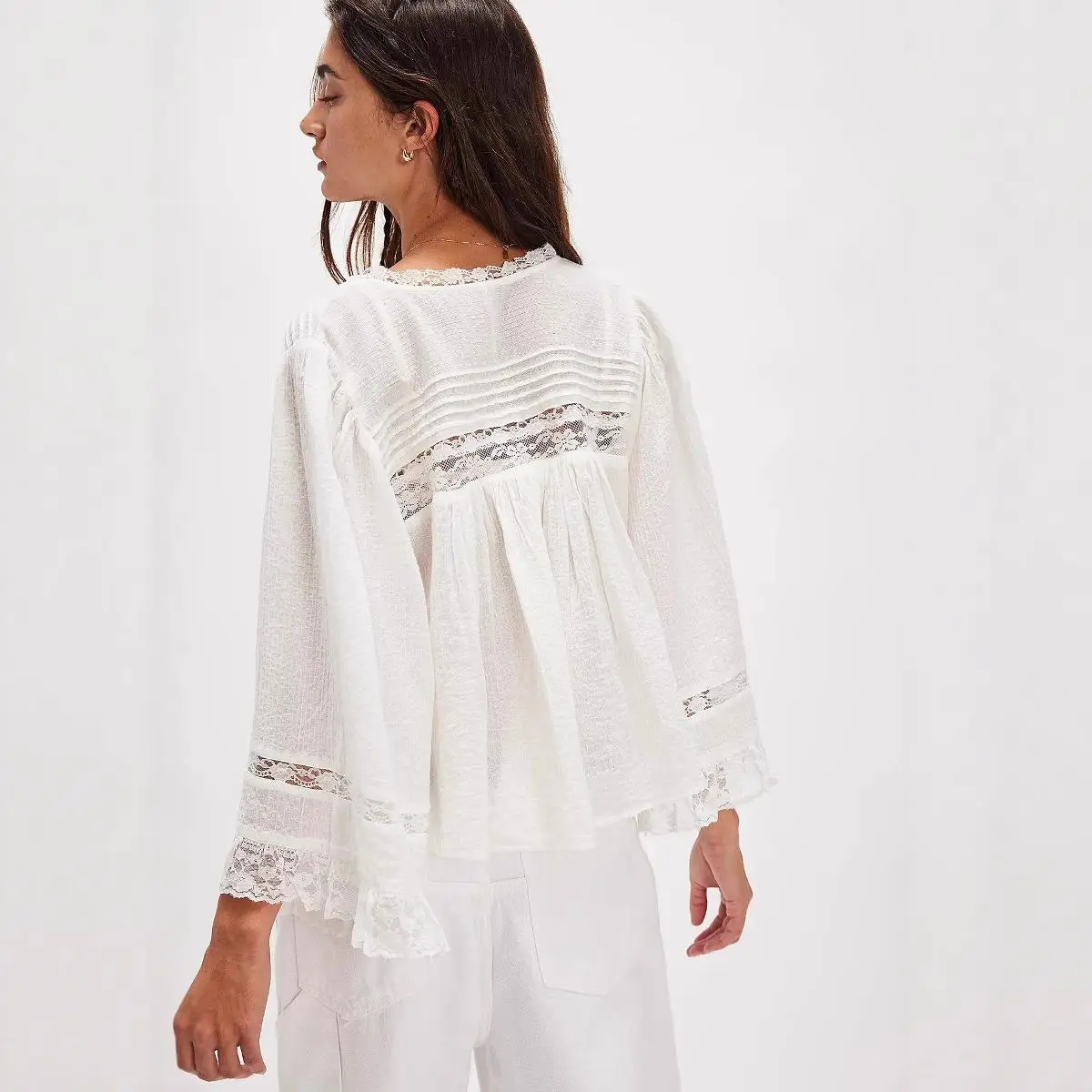 Estate New Sle Allentato Lungo Sve Patchwork di pizzo da donna irt V-Ne Ele Top aderente per ragazze Design Faion