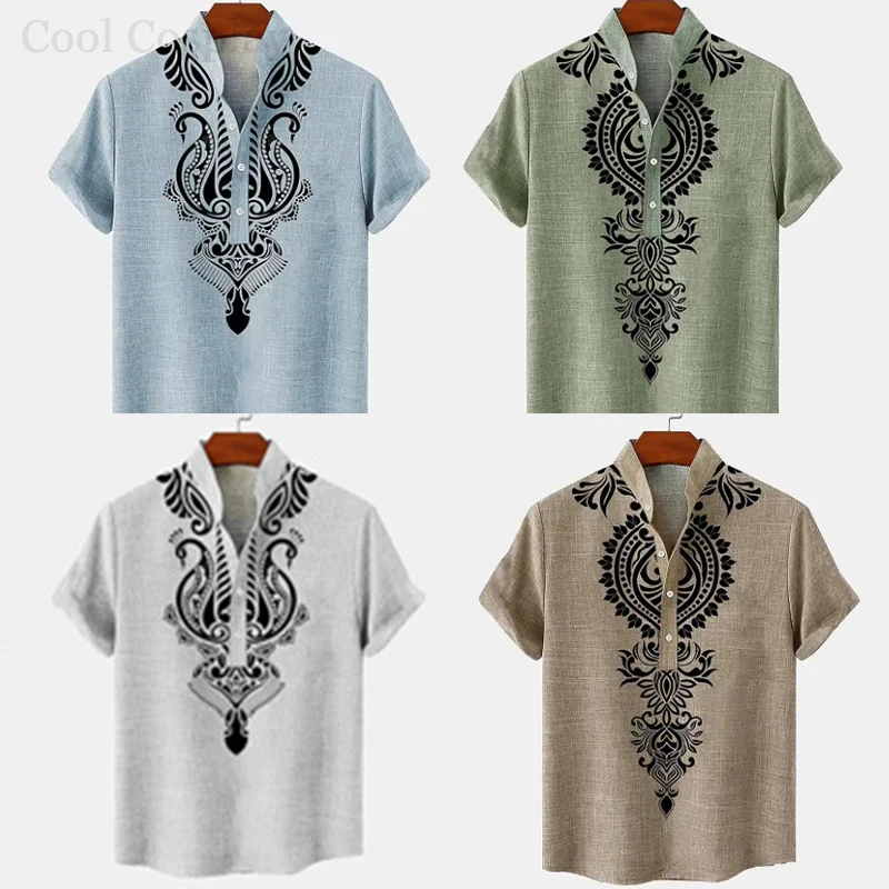 Camiseta Henley Retro para Hombre, Camisa de Estilo Étnico con Estampado 3D, Cuello con Botones, Manga Corta, Alta Calidad