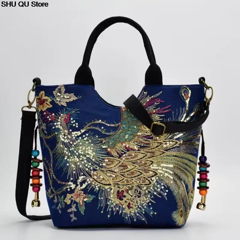 New Peafowl Embroidery Handbags Canvas Top-Handle Large Capacity Exquisite Elegant Bags Shopping Women Crossbody Bag