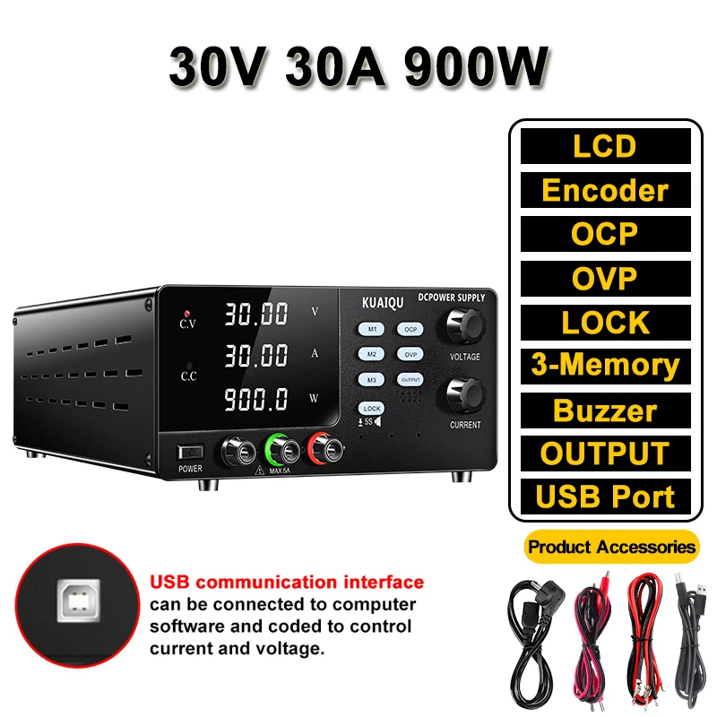 Programmeerbare DC-voeding KUAIQU 30V 100A 3000W met RS232 USB-poort, instelbare bench-regulator, OCP/OVP/geheugen voor testen en verouderingstests.