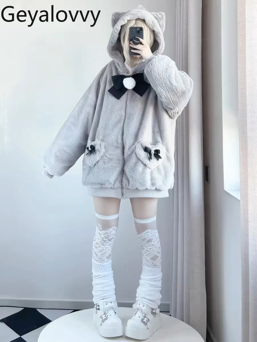 

Subculture Y2K Japanese Style Cute Cat Ear Hooded Plush Jacket for Women Winter Sweet Girl Student Versatile Bowknot Coat