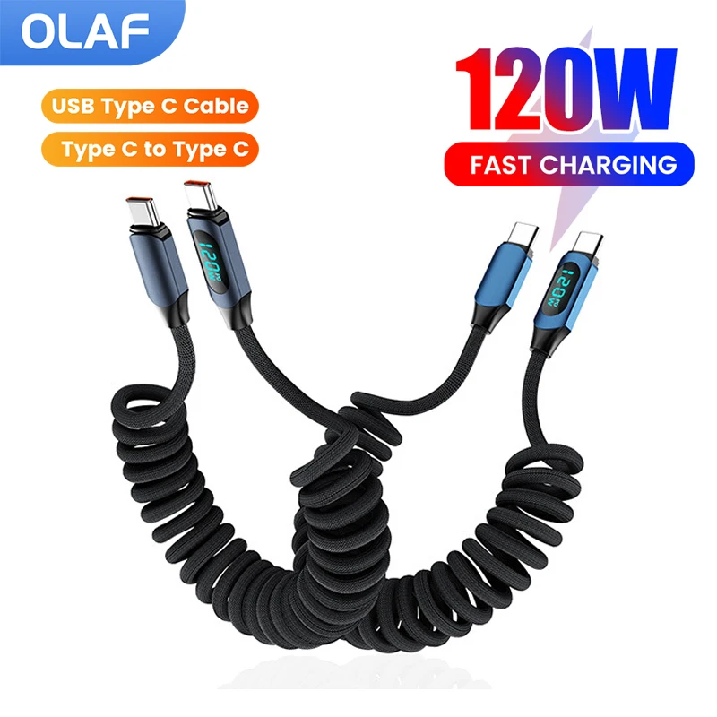 

120W Spring Digital Data Cable Retractable Type C Fast Charging/Transfer Cable for iphone 15 16 Xiaomi Carplay USB Type C Cable