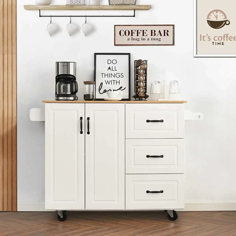 Kitchen Island Cart with Drop Leaf &  Drawers,  Kitchen Island on Wheels with Storage Cabinet, Spice Rack