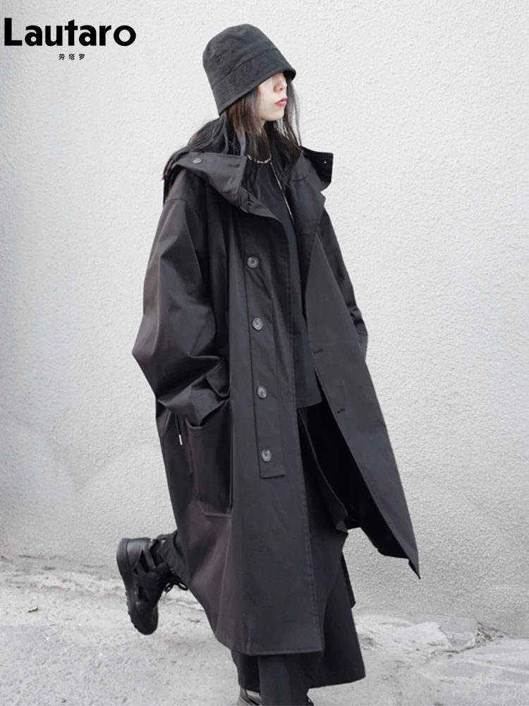 

Lautaro Spring Autumn Long Oversized Black Trench Coat with Hood Dark Academia Aesthetic Luxury Designer Clothes for Women 2022