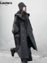 Lautaro Frühling Herbst Lange Übergroßen Schwarz Trenchcoat mit Kapuze Dark Wissenschaft Ästhetischen Luxus Designer Kleidung für Frauen 2022