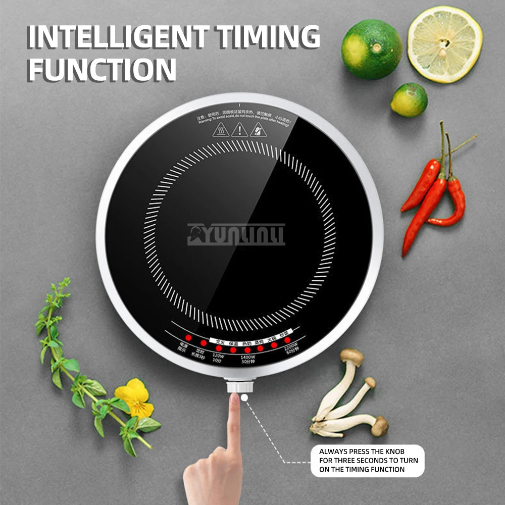 Round Smart Induction Cooker Household 2200W Inductions Kochplatte High Power Portable Cooktop Black Microcrystalline Panel