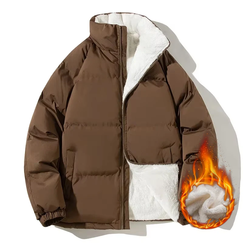 Couple Style Thicken Warm Sherpa Men Parkas Winter Loose Stand Collar Fleece Puffer Jacket Windproof Fashion Outdoor Daily Coats