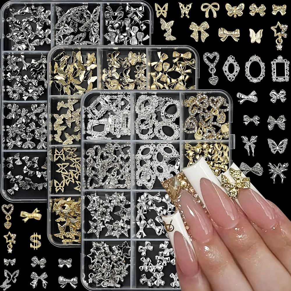 

120pcs 12-Grids Box Bow-Knots Ribbon Heart Nail Studs Alloy Bowknot Nail Charms Accessories Kit for Acrylic Nails Manicure DIY *