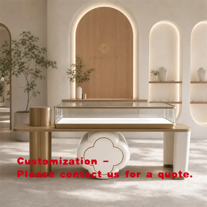 custom.Minimalist Champagne Gold Jewelry Store Display Showcase Unique Floral Table Bespoke Gemstone Counter Upscale Showroo