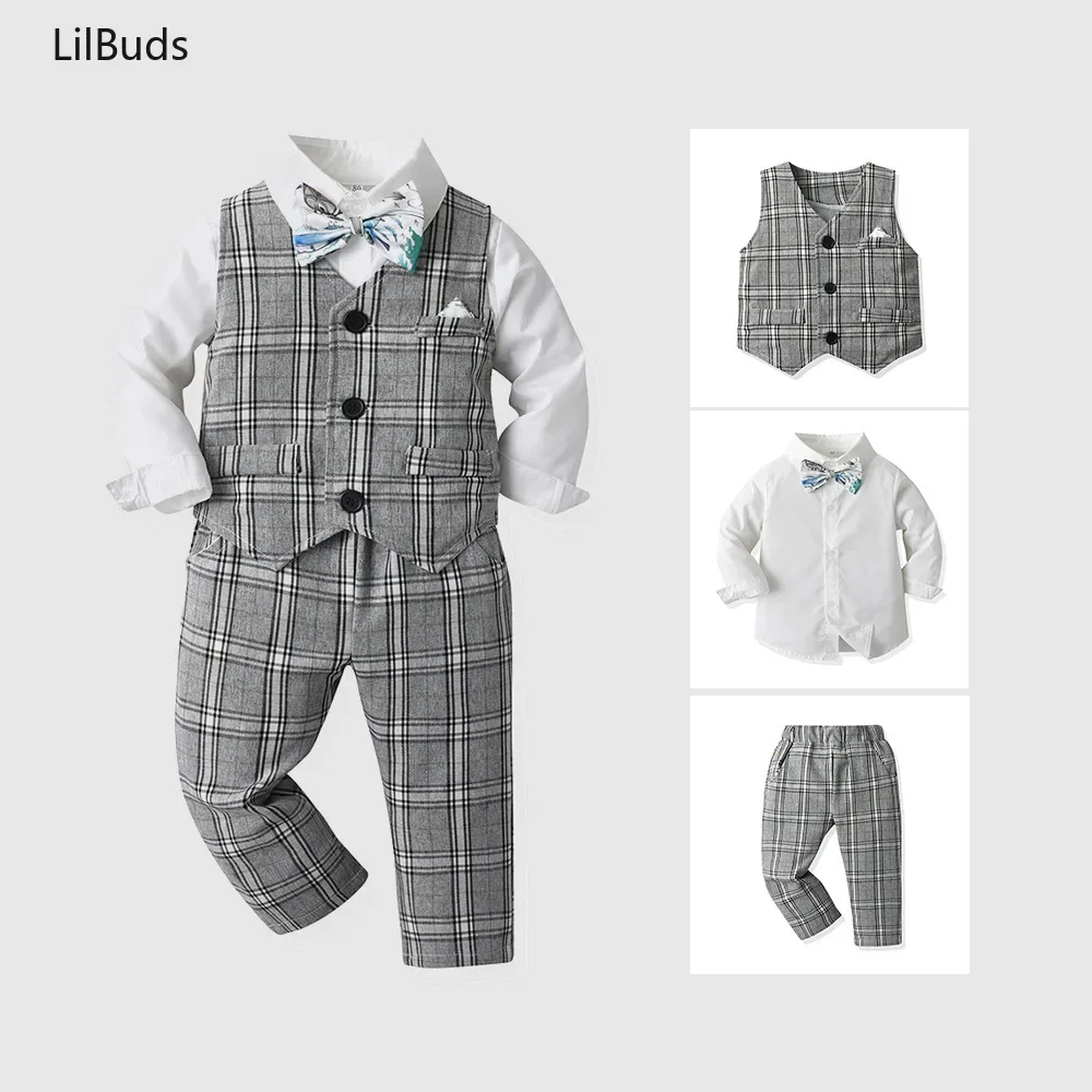 

2025 Gentleman Boy Sets for Party Birthday Clothes Children Handsome British Plaid Vest Suit 3PCS Boys Spring Suit Newborns