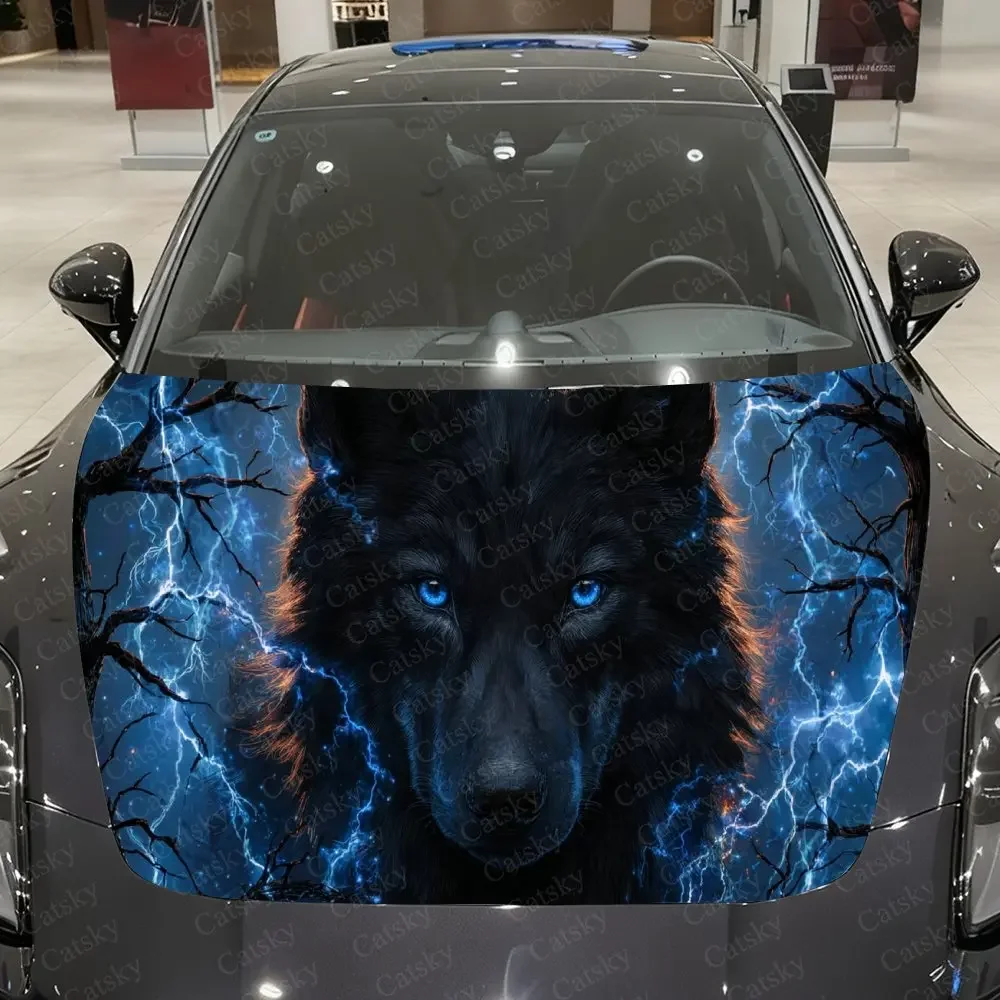 Electric-Flame Black Wolf Car Vinyl Wrap, PVC Material Waterproof Car Hood Sticker, Self-Adhesive Scratch-Resistant Stickers for