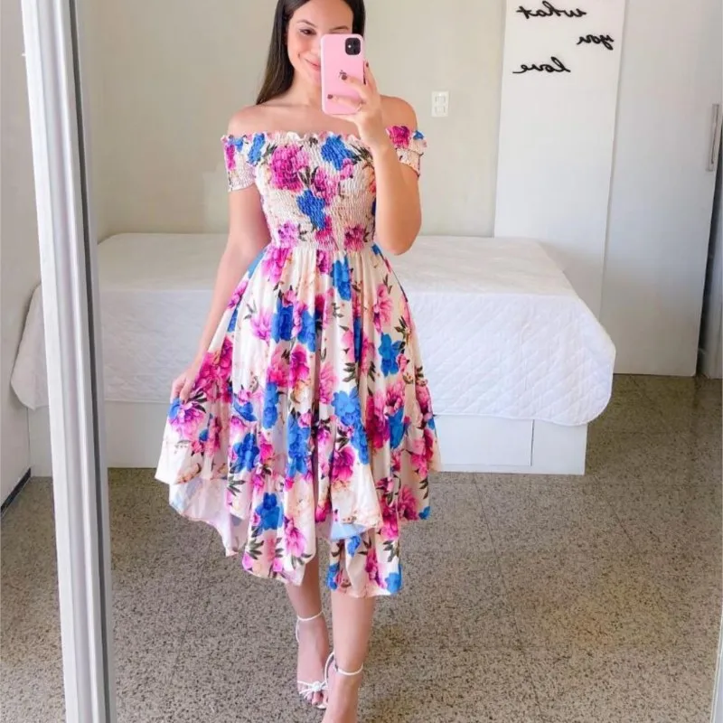 2025 Mode strapless jurk met korte mouwen en print, 6 kleuren