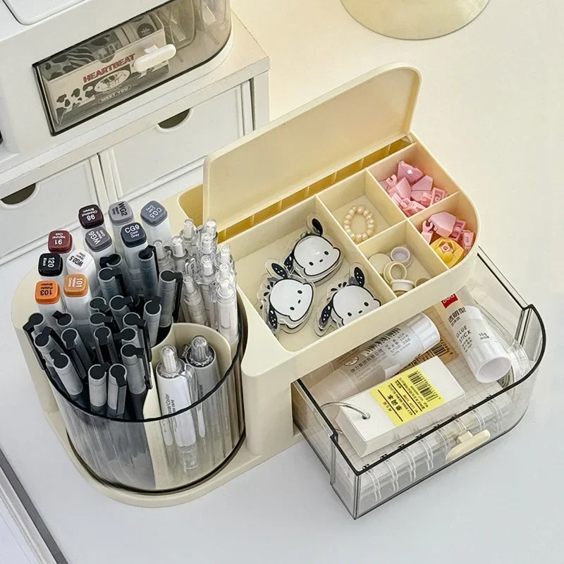 Desktop Rotating Stationery Organizer Large Capacity Multi-grid Cosmetics Storage Box with Drawer Rack Organizer School Supplies