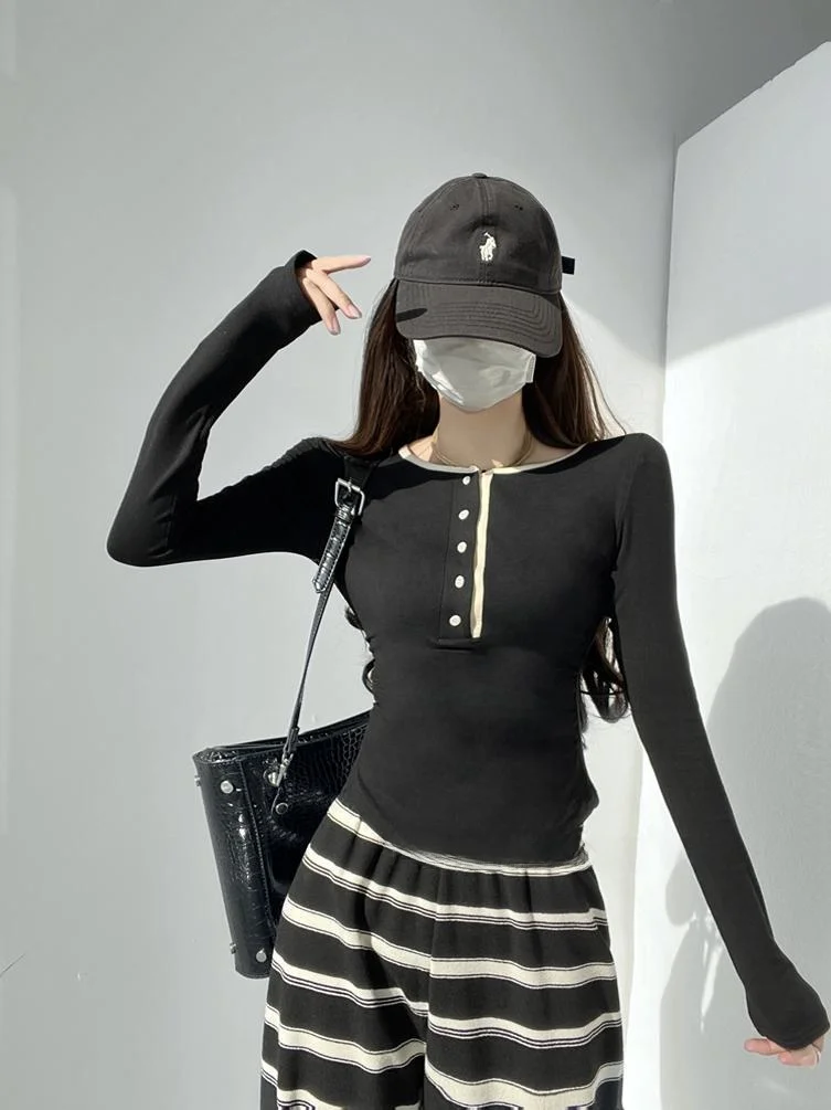 Cseta de Manga Longa em Estilo Retro com Bloco de Cores para Mulheres, Camada Base de Primavera e Outono, Top Slimming com...