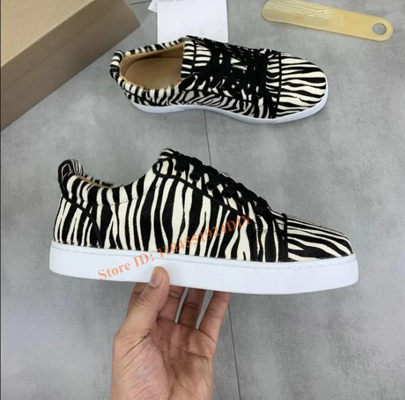 

Horse Hair Zebra Stripes Lace Up Sneakers Man Round Toe Lace-Up Flat Shoes for Man Slip On Party Shoes Male Flats
