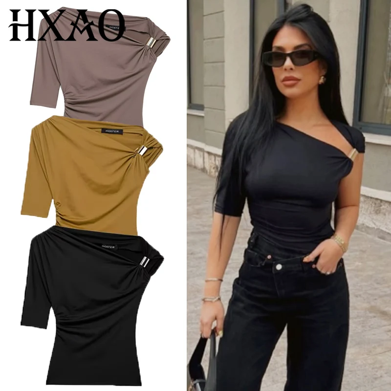 HXAO 2025 Women Asymmetrical Top Spring Summer Yellow Black Khaki Tanks & Camis Sexy Tight Y2k T-Shirt Lady Fashion Tank Top 066