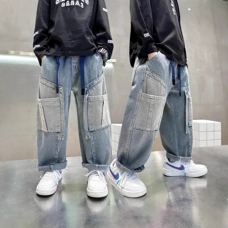 

Джинсы для больших мальчиков, модная детская одежда, повседневные крутые детские прямые брюки, брюки для мальчиков, брюки для подростков 120-170 см