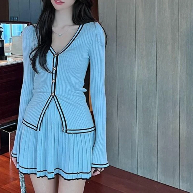 SpringAutumn Knitted Set Women College Style Single-breasted V Neck Cardigan Tops and Mini Pleated Skirt Sexy Girls 2 Piece Suit