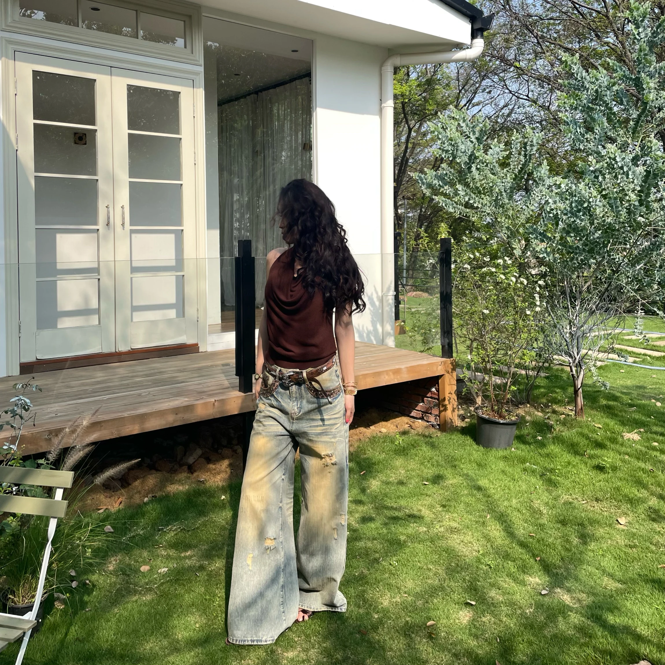 

KUKUDEMI Chicago Leopard Print Wide Leg Loose Fit Women's Jeans Retro Patchwork Design Summer Natural Waist Cotton Zipper