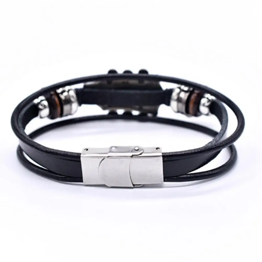 Braided Guitar Bracelet Zinc Alloy Adjustable Buckle Manual Woven Faux Leather 3-layered Retro Punk Wrist Jewelry