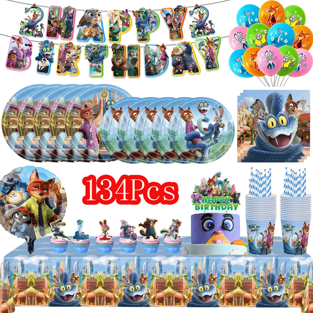 Cartoon Zootopia Geburtstagsparty-Set Einweg-Tischgeschirr Judy Tischdecke Becher Teller Servietten Ballon Babyparty Nick Gastgeschenke – Detail 4