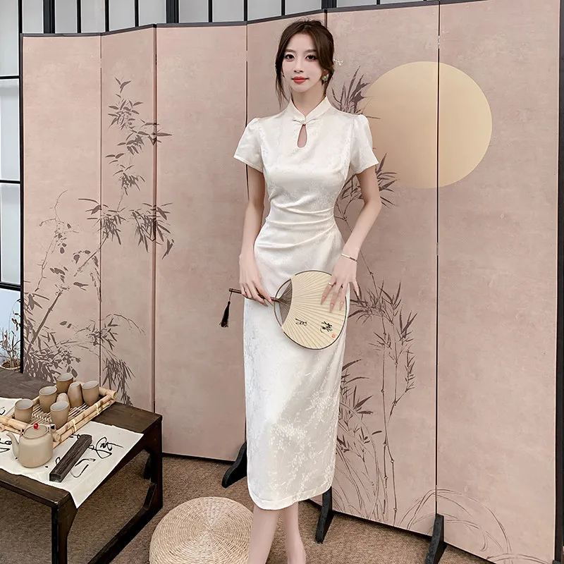 

New Chinese Style Black Creamy-white Qipao Dress Women's Summer Slim Satin Modern Improved Cheongsam Evening Wear