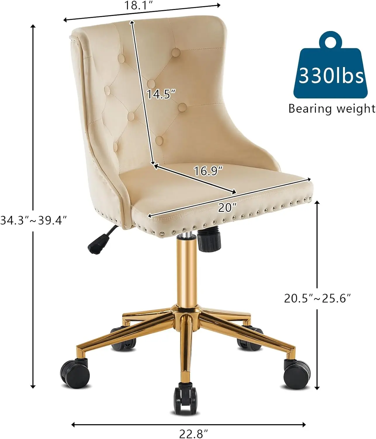 

Beige Velvet Armless Office Chairs with Gold Base/Wheels,Makeup Chair with Back for Bedroom, Upholstered Adjustable Rolling