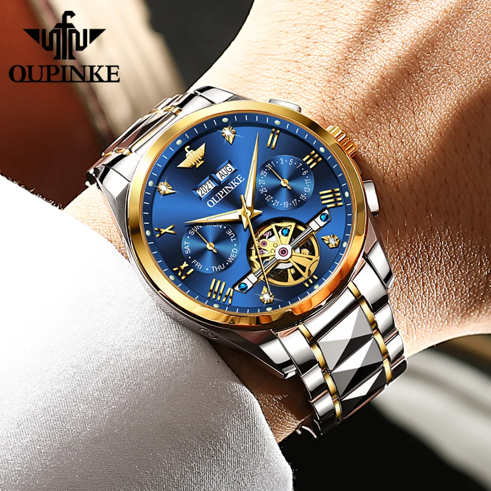 OUPINKE Roman Scale Mechanical Couple Watch Hollow Skeleton Synthetic Sapphire Mirror Wristwatch Deep Waterproof Top Brand Watch