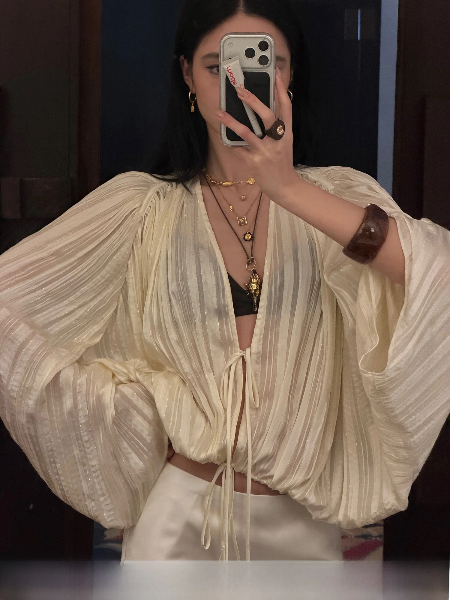 

Rovente White Dstring Long Sve Women's irt Breathable Ele Sle Loose Fit Summer Top Transparent ort Length