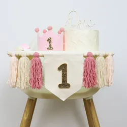 2pc 1st Birthday High Chair Banner, 1st Birthday Crown Hat, Handmade Wooden Beaded Fringe Garland, Decorated 1st Birthday Party