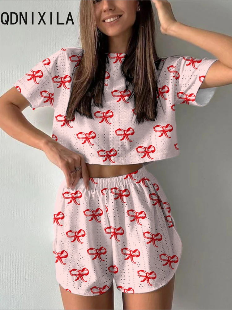 

High Waist Shorts Sets for Women O-neck Short Sleeve T-Shirts Homewear Two Piece Sets Womens Sweet Cartoon Printing Crop Tops